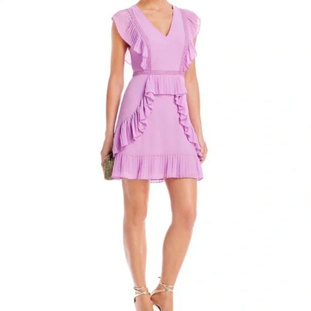 BCBGMAXAZRIA Ruffle Mini Dress Women 10 Orchid Purple Pleated Lace Cocktail